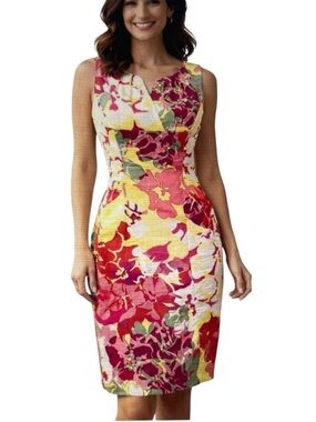 ANDRE OLIVER Sheath Pink Yellow Floral Sleeveless Fully Lined Fitted Dress 10